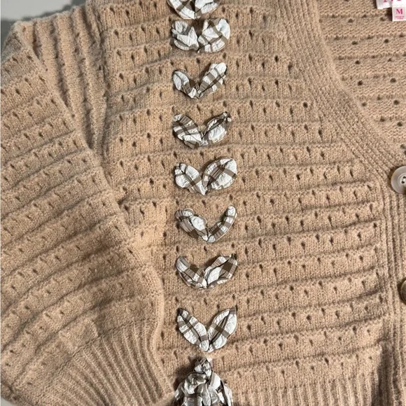 So Me Cropped Bow Cardigan Sweater Beige Plaid Bow Detail Women’s Medium - Picture 11 of 11